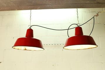 Plafondlamp - Staal, Emaille - Twee vintage industriële