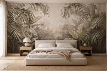 Jungle behang – beige palmen met een lichte doorkijk, Huis en Inrichting, Bladeren, Overige merken, Ophalen of Verzenden, Fotobehang