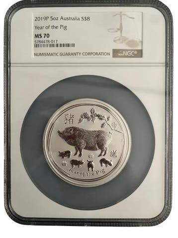 Lunar II Year of the Pig - 5 oz 2019 NGC MS70 gecertificeerd, Verzenden, Losse munt, Zilver