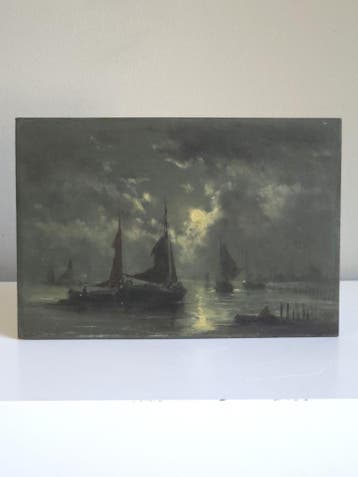 Antiek Maritiem Schilderij Maanlicht - Edward Moerenhout, Ophalen of Verzenden, Olieverf, Klassiek, Origineel werk