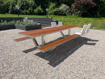 Moderne picknicktafel/tuintafel stalen frame hardhout 360cm, Ophalen, Nieuw, Rechthoekig, Staal
