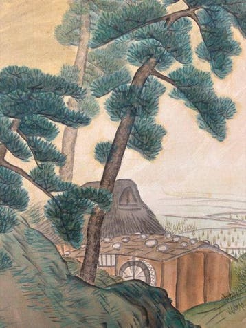 Kih – Japans berglandschap met dennenbomen, een beek en een