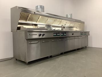 Pitco Bakwand met friteuses, bakplaat, bainmarie en afzuig, Ophalen of Verzenden, Gebruikt, Fornuis, Frituur en Grillen