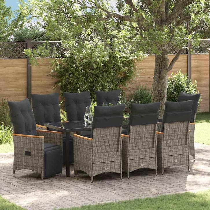 vidaXL Tuin eettafelset met kussen 9 pcs Grijs poly rattan, Tuin en Terras, Tuinsets en Loungesets, Nieuw, Meer dan 8 zitplaatsen