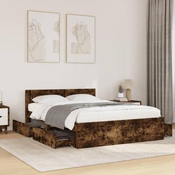 vidaXL Bedframe met hoofdeinde bewerkt hout gerookt eiken, Bruin, Verzenden, 140 cm, 200 cm