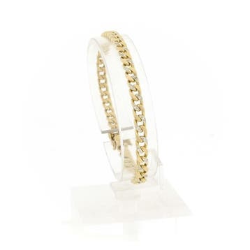 Gouden platte gourmetschakel armband met diamanten, Sieraden, Tassen en Uiterlijk, Gebruikt, Ophalen of Verzenden, Met edelsteen