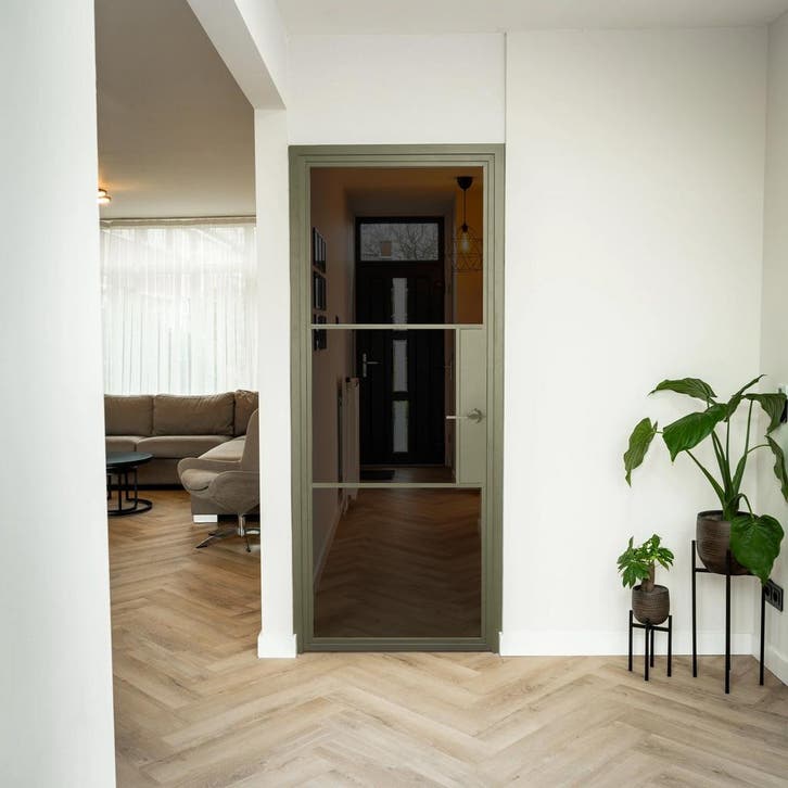 Stalen Binnendeur 3 Vlaks Olijfgroen Rookglas Met slot, Doe-het-zelf en Verbouw, Deuren en Horren, Nieuw, Metaal, Binnendeur, 200 tot 215 cm
