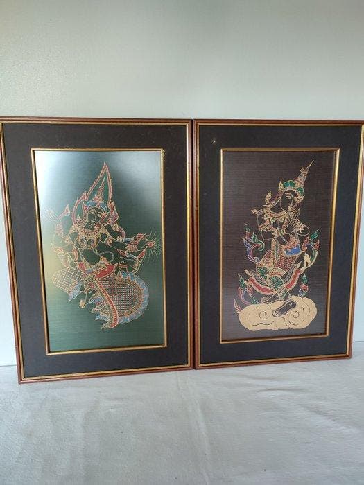 Wanddecoratie (2) - Paire de peintures sur textile de style, Antiek en Kunst, Curiosa en Brocante