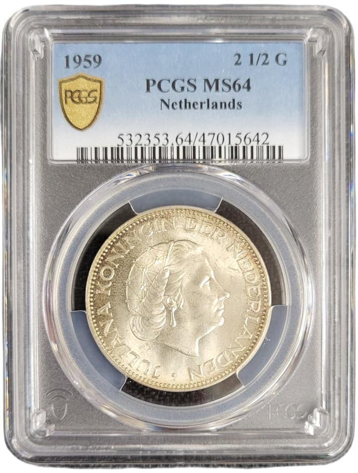Koningin Juliana zilveren 2 1/2 gulden 1959 MS64 PCGS, Postzegels en Munten, Munten | Nederland, Losse munt, Koningin Juliana