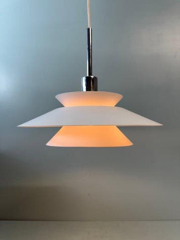 Lamp - Vintage Deense Schalen Hanglamp • Wit & Chroom •