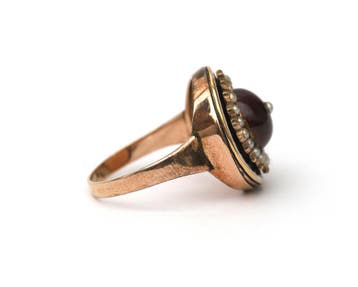 BWG roségouden ring met parels, granaat en blauw emaille, Gebruikt