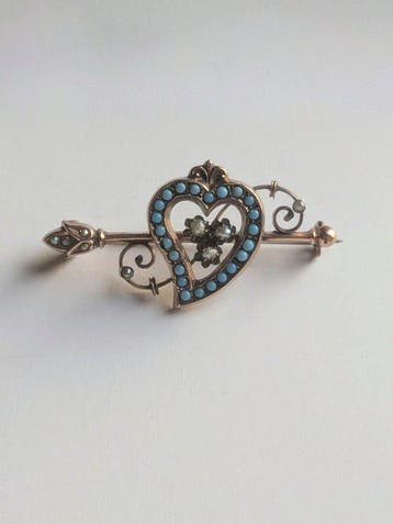 Zonder minimumprijs - Broche Goud gevuld Turquoise - Parel -, Sieraden, Tassen en Uiterlijk, Antieke sieraden