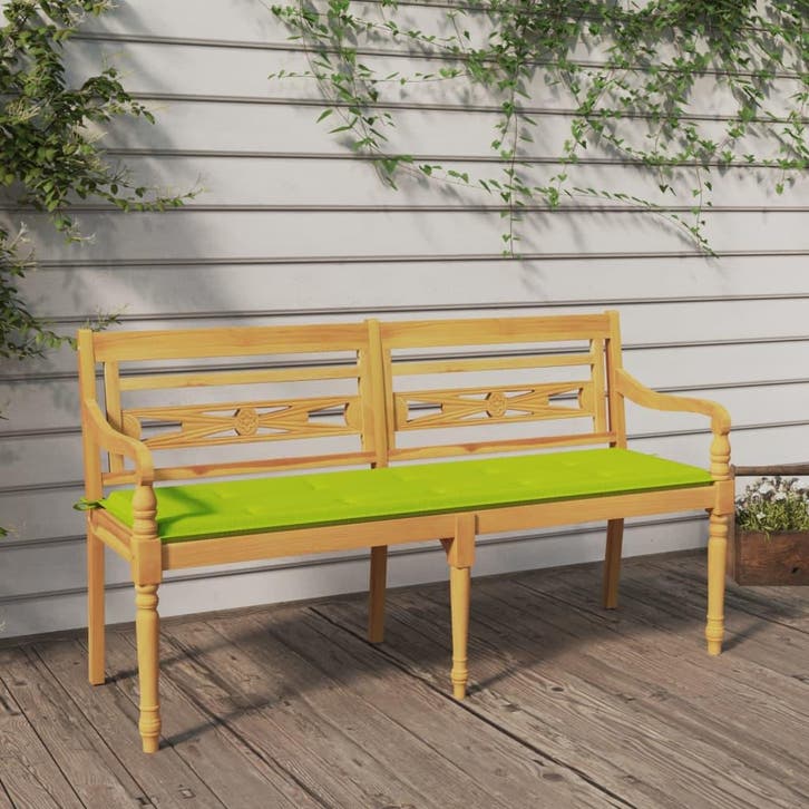 vidaXL Bankje Batavia met heldergroen kussen 150 cm massief, Tuin en Terras, Tuinbanken, Nieuw, Teakhout, Verzenden