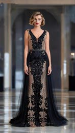 Zwarte Galajurk met gouden tinten S/M/L/XL/XXL, Kleding | Dames, Ophalen of Verzenden, Nieuw, Onder de knie