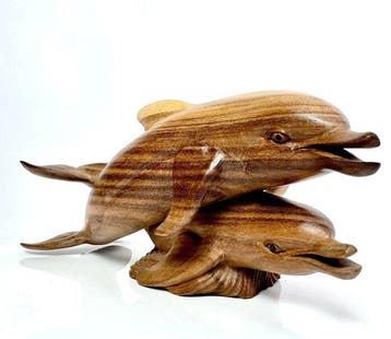 sculptuur, Coppia di Delfini Scolpiti a Mano - 20 cm - Teak
