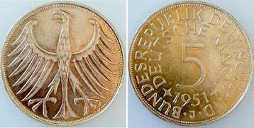 5 Mark Duitsland 5 duitse Mark 1951 J stgl J 387 5 Dm zilver, Verzenden