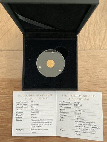 Mexico. 2 Pesos 1945, 1.7 gr. Goud 900/1000, Box & COA