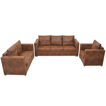 vidaXL Bankenset kunst suède leer 3-delig, Huis en Inrichting, Verzenden, Nieuw, Leer, Minder dan 150 cm