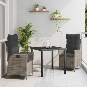 vidaXL Tuin eettafelset met kussen 3 pcs Grijs poly rattan, Tuin en Terras, Verzenden, Nieuw, Rotan, 3 zitplaatsen