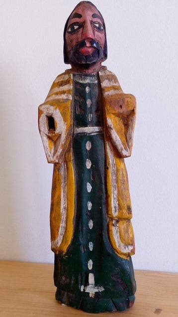 Folk Art Carved & Polychrome Wood Sacred Statue - Santo -