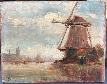 Ernest Prouvost (1861-1930) - Paysage au moulin au bord, Antiek en Kunst, Kunst | Schilderijen | Klassiek
