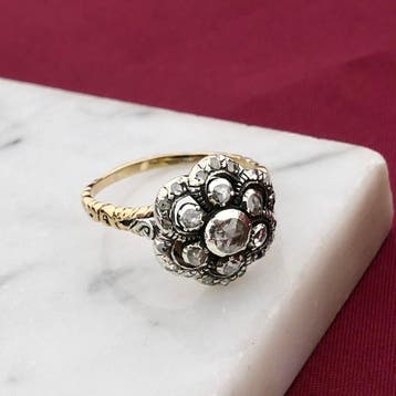 Goud en zilveren ring met roos geslepen diamanten; ca. 0,..., Gebruikt, Overige kleuren, 20 of groter, Ophalen of Verzenden