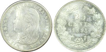 Koningin Wilhelmina 25 cent 1895 m.m.t. recht MS64 PCGS, Verzenden, Zilver, 25 cent, Koningin Wilhelmina