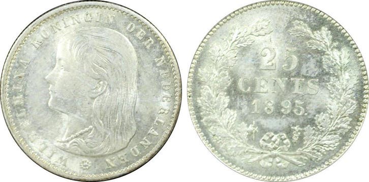 Koningin Wilhelmina 25 cent 1895 m.m.t. recht MS64 PCGS, Postzegels en Munten, Munten | Nederland, Losse munt, 25 cent, Koningin Wilhelmina