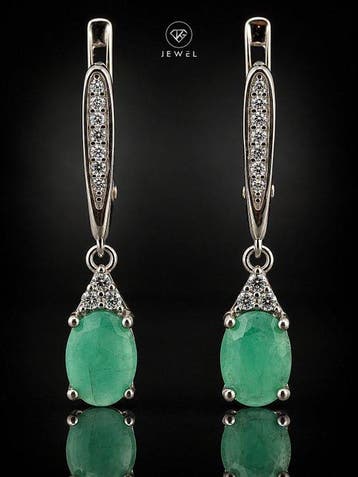 Ovale smaragd druppeloorbellen - Sterling Zilver - 14K, Antiek en Kunst