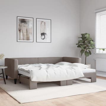 vidaXL Slaapbank met onderschuifbed 90x200 cm stof taupe, Huis en Inrichting, 90 cm, Eenpersoons, Verzenden, Nieuw