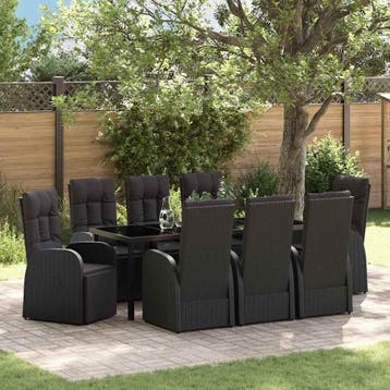 vidaXL Tuin eettafelset 9 st Zwart poly rattan, Verzenden, Nieuw, Rotan, Meer dan 8 zitplaatsen