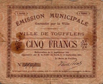 France Komitat 59390 Toufflers 5 Francs 09/11/1914, Verzenden