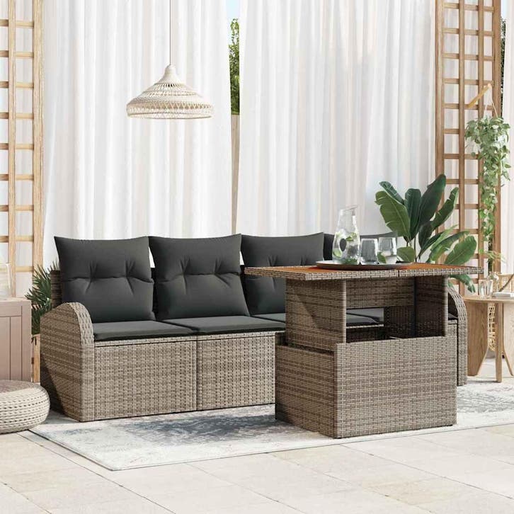 vidaXL Tuin Sofa Set met kussen 5 pcs Grijs, Tuin en Terras, Tuinsets en Loungesets, Nieuw, Rotan, Verzenden