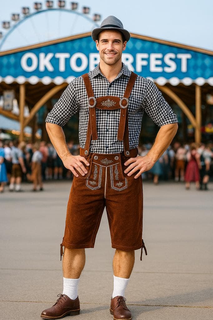 Grijs Oktoberfest Kostuum met Bruine Lederhosen - Maat XXL, Kleding | Heren, Carnavalskleding en Feestkleding, Nieuw, Ophalen of Verzenden