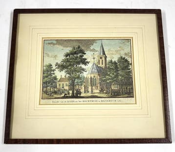 Handgekleurde gravure ‘Gezicht van de Kerk en het Rechthuis, Verzenden, Gebruikt