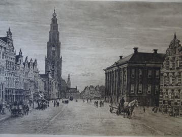 Ets zicht markt en Martinikerk te Groningen Dingemans 1920, Stadsgezicht, Origineel, 1900 - 1949, Verzenden
