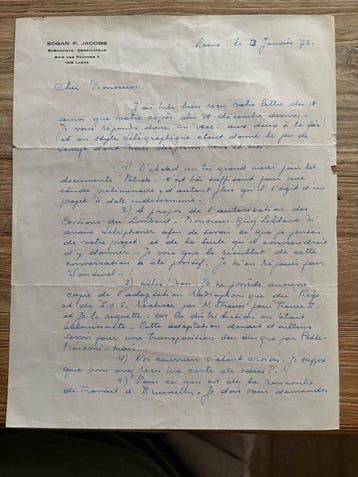 E. P. Jacobs - Blake et Mortimer - Lettre manuscrite signée, Nieuw