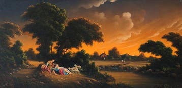 Europese school (XX) - Paesaggio arcadico con figure - XL, Antiek en Kunst
