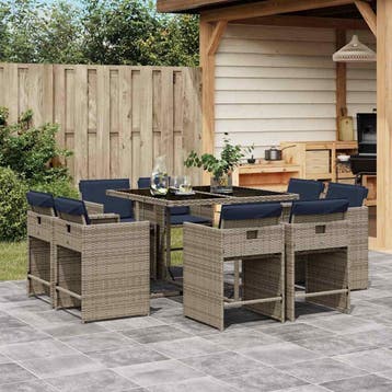 vidaXL 9-delige tuinset met kussens, grijs polyrotan, Verzenden, Nieuw, 8 zitplaatsen, Tuinset