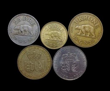 Groenland, Denemarken. Set of 5 coins: 25, 50 Øre & 1 Kroner, Gestempeld