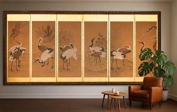 Vouwscherm met kraanvogels - Papier, Lak, Hout, Zijde - Sho