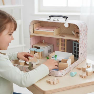 Poppenhuis in Koffer met Houten Meubels – Mini Draagbaar, Ophalen of Verzenden, Nieuw