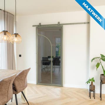 Stalen Schuifdeur Olijfgroen 2 Vlaks rond Maatwerk Rook glas, Doe-het-zelf en Verbouw, Kozijnen en Schuifpuien, Nieuw, Metaal