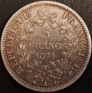Frankrijk. 5 Francs 1874-A Hercule (Zonder minimumprijs)