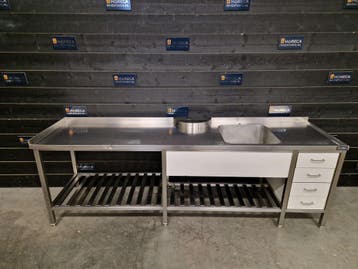 Werkbank | wastafel | trespa | RVS | 286 cm | horeca, Gebruikt, RVS Meubilair