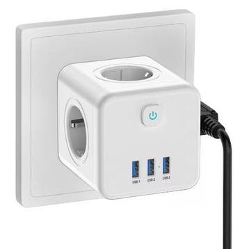 Stekkerdoos Kubus met 4 Stopcontacten en 3 USB, Verzenden, Nieuw