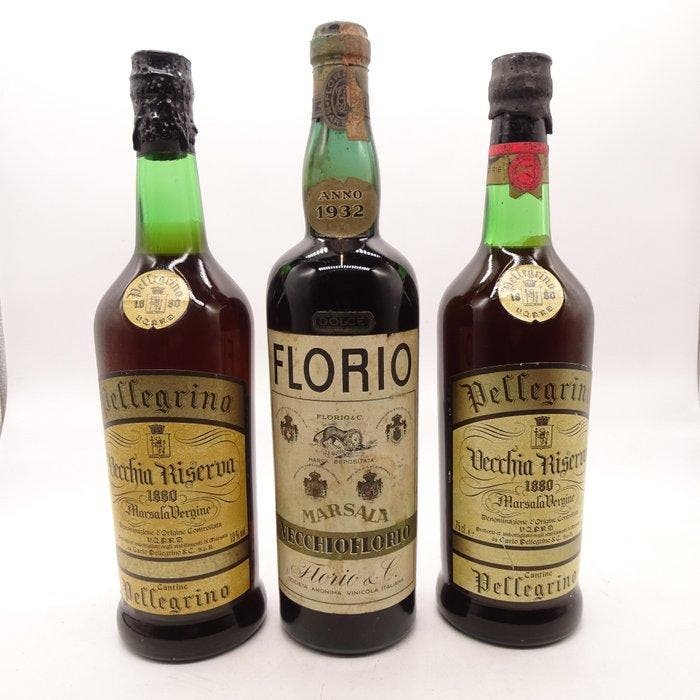 1932 Marsala Vecchio Florio Dolce, 2x1880 Pellegrino Marsala, Verzamelen, Wijnen