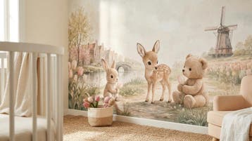 Dieren behang babykamer – fotobehang met hertje en konijn, Verzenden, Fotobehang