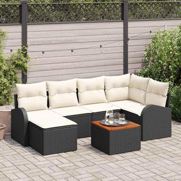 vidaXL Tuinbankenset 7 st Zwart en Crème poly rattan, Verzenden, Nieuw, Rotan, 7 zitplaatsen