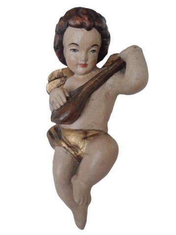 Snijwerk, Holzfigur - farbiger Engel mit Mandoline -